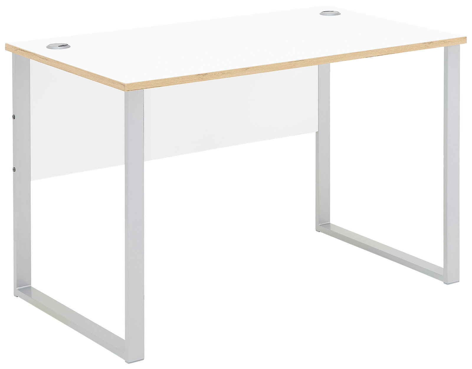 Moderner, schmaler Schreibtisch mit weißer Tischplatte und silbernen Metallbeinen, seitliche Perspektive