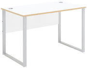Moderner, schmaler Schreibtisch mit weißer Tischplatte und silbernen Metallbeinen, seitliche Perspektive