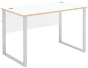 Moderner, schmaler Schreibtisch mit weißer Tischplatte und silbernen Metallbeinen, seitliche Perspektive