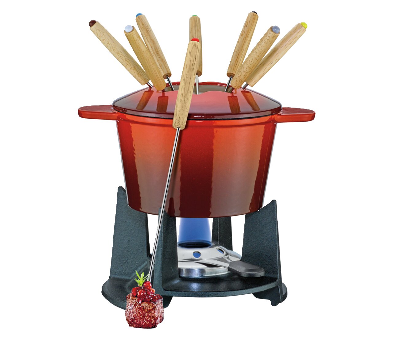 Fondue-Set Grenoble aus Gusseisen in Rot mit Holzgriffen, Vorderansicht