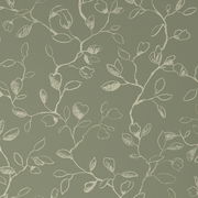 Grüne Bettwäsche mit weißem, skizzenhaftem Blumen- und Blättermuster, Draufsicht