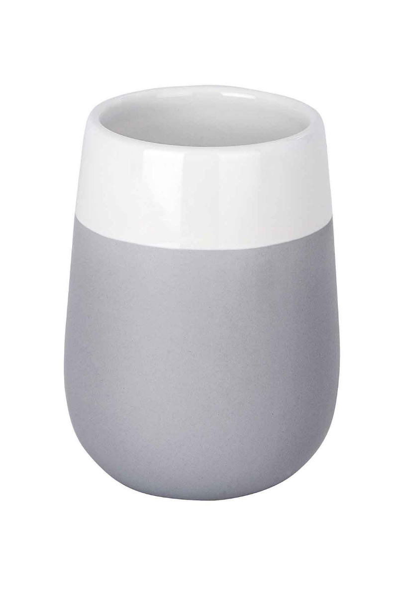 Keramik Zahnputzbecher in Grau und Weiß, seitliche Perspektive