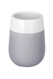 Keramik Zahnputzbecher in Grau und Weiß, seitliche Perspektive