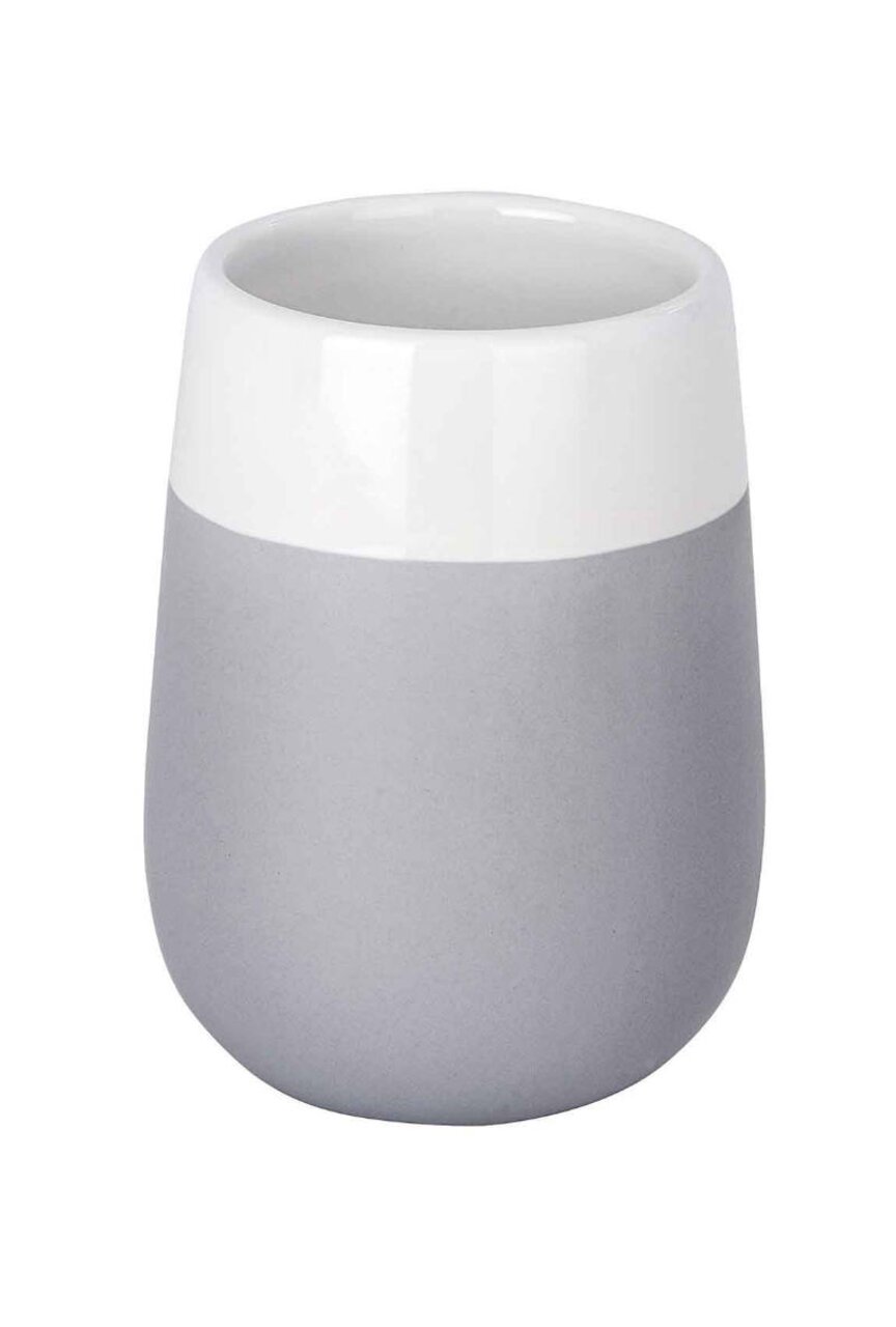 Keramik Zahnputzbecher in Grau und Weiß, seitliche Perspektive