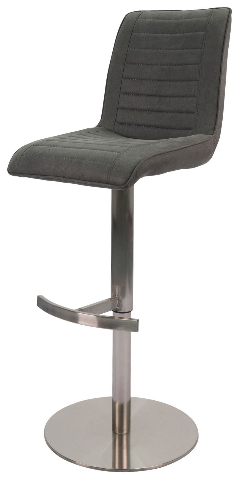 Moderner Barstuhl mit grauem, gepolstertem Sitz und Rückenlehne, verstellbarem Metallgestell und Fußstütze, seitliche Perspektive