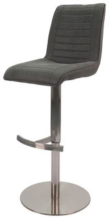 Moderner Barstuhl mit grauem, gepolstertem Sitz und Rückenlehne, verstellbarem Metallgestell und Fußstütze, seitliche Perspektive