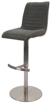 Moderner Barstuhl mit grauem, gepolstertem Sitz und Rückenlehne, verstellbarem Metallgestell und Fußstütze, seitliche Perspektive