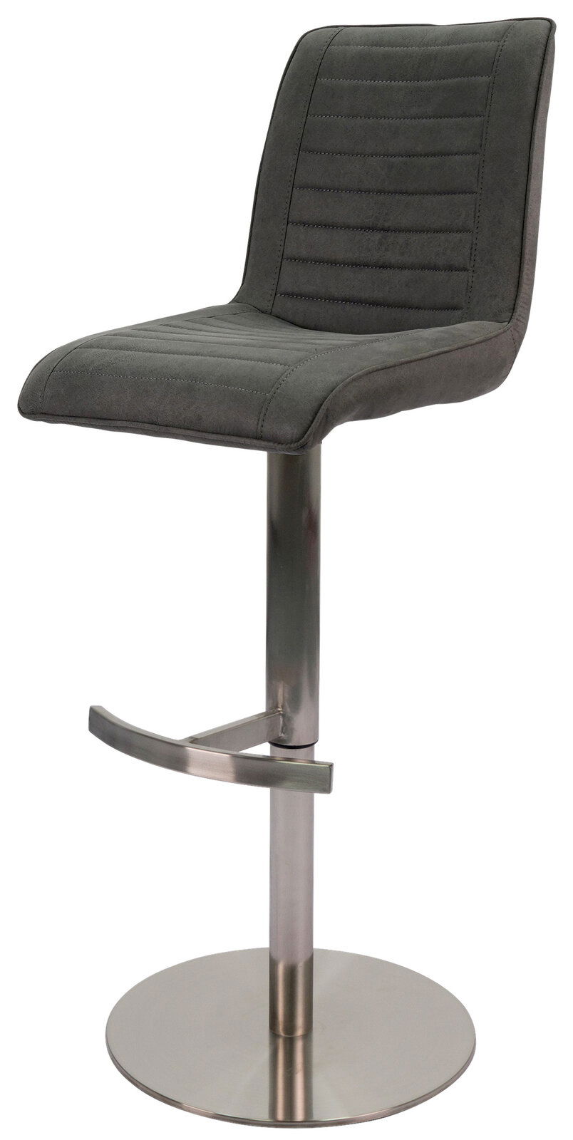 Moderner Barstuhl mit grauem, gepolstertem Sitz und Rückenlehne, verstellbarem Metallgestell und Fußstütze, seitliche Perspektive