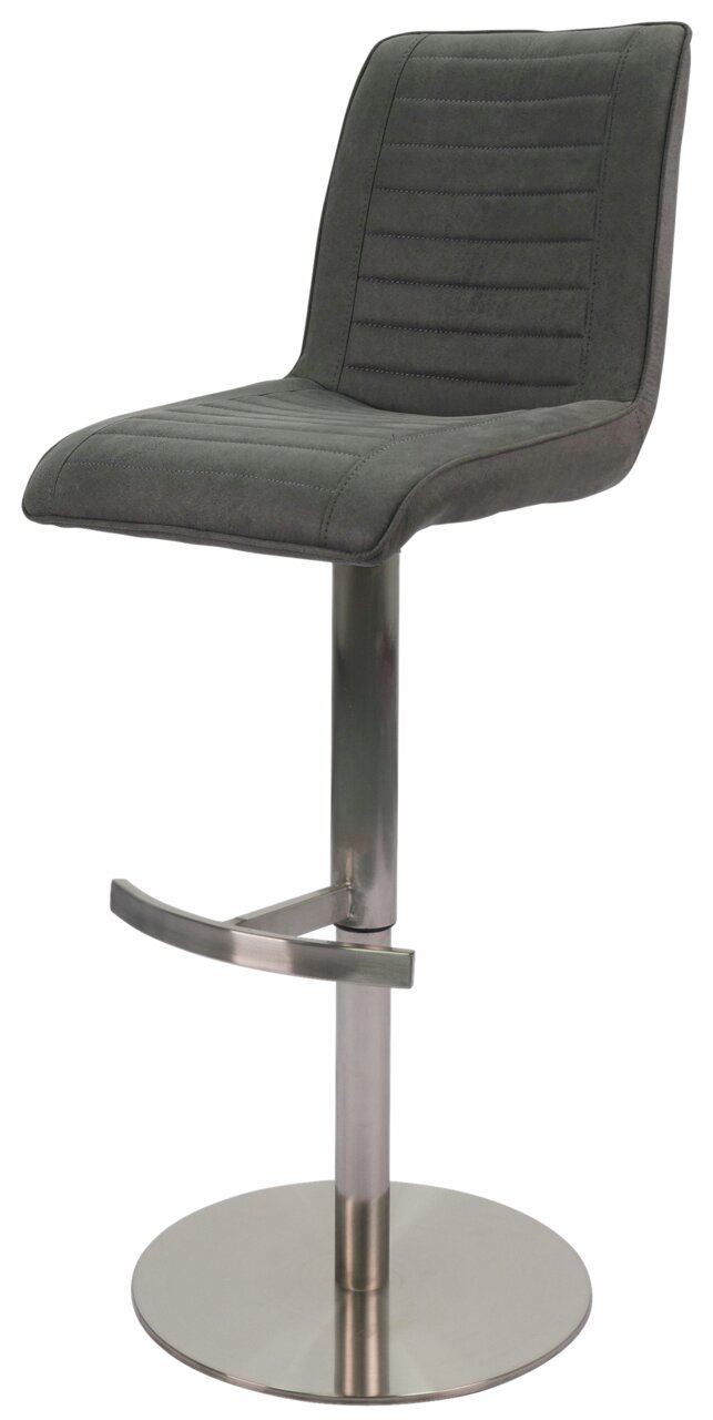 Moderner Barstuhl mit grauem, gepolstertem Sitz und Rückenlehne, verstellbarem Metallgestell und Fußstütze, seitliche Perspektive