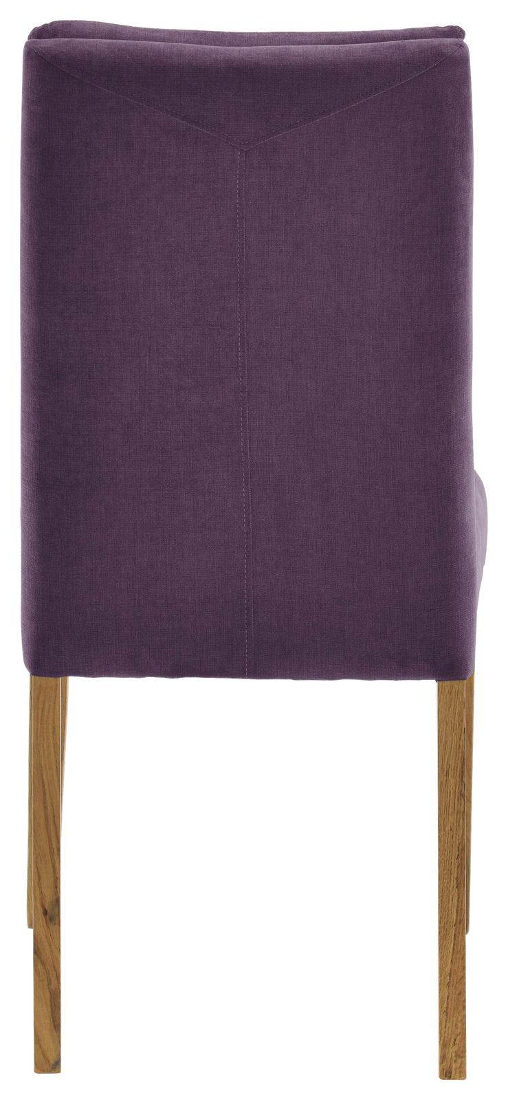 Rückansicht eines Stuhls mit violettem Stoffbezug und Holzbeinen