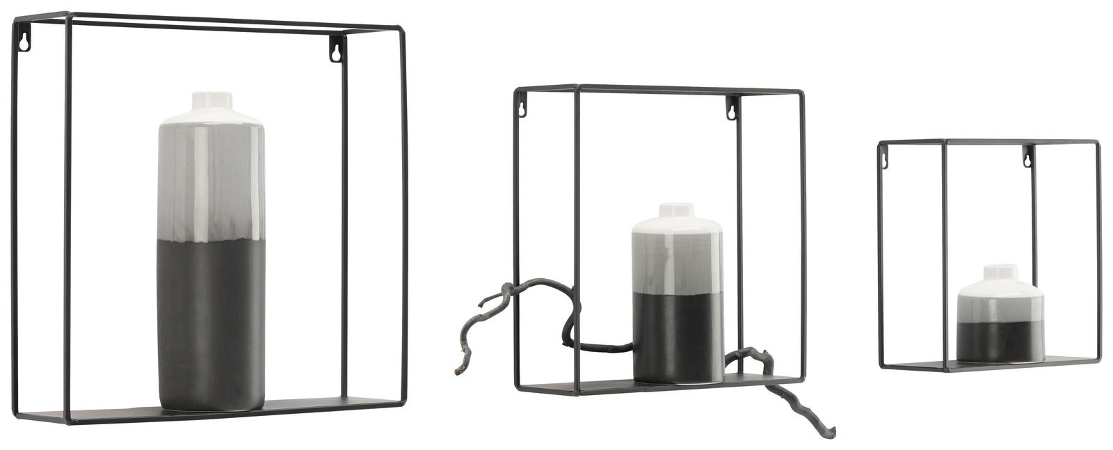 Dreiteiliges Wandregal-Set aus schwarzem Metall mit dekorativen Vasen, seitliche Perspektive.