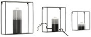 Driedelige wandrek-set van zwart metaal met decoratieve vazen, zijaanzicht.