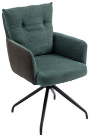 Moderner Sessel mit grünem Stoffbezug und schwarzem Metallgestell, seitliche Perspektive