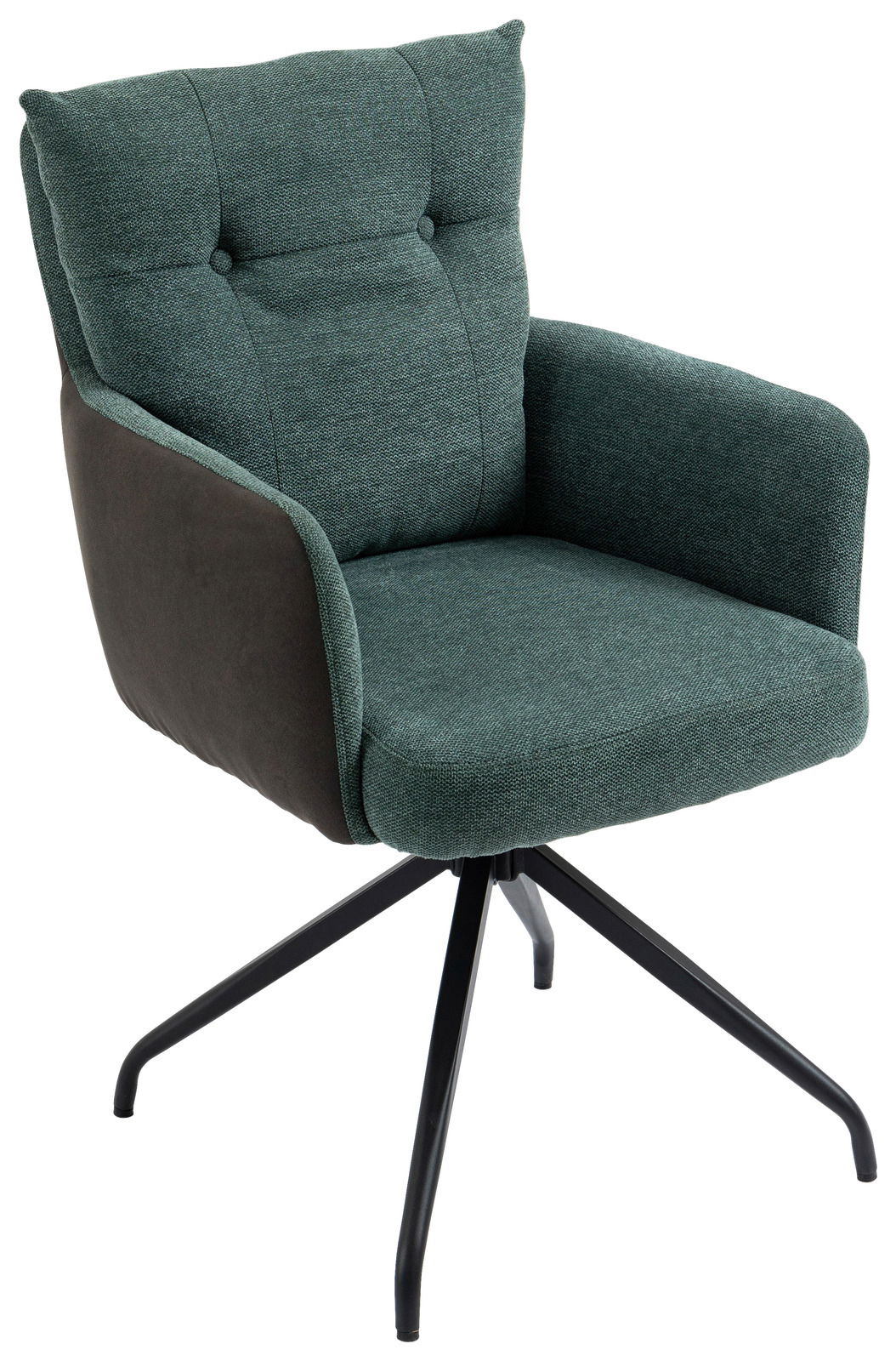 Moderner Sessel mit grünem Stoffbezug und schwarzem Metallgestell, seitliche Perspektive