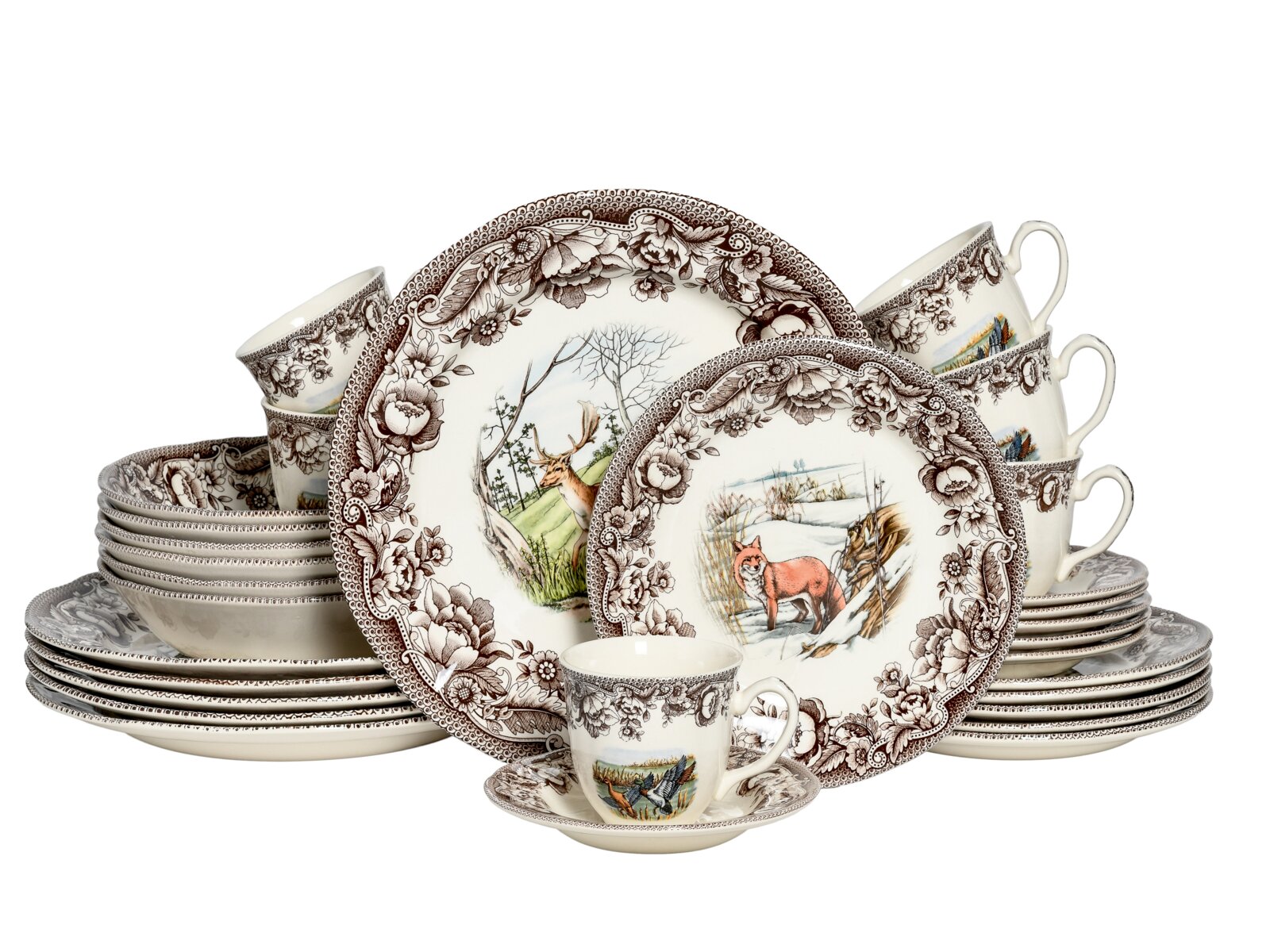Porzellan-Geschirrset in Cremeweiß mit braunem Blumenrand und Tiermotiven (Fuchs, Hirsch, Vögel), bestehend aus Tellern, Schalen und Tassen, frontal in leicht schräger Perspektive auf weißem Hintergrund arrangiert