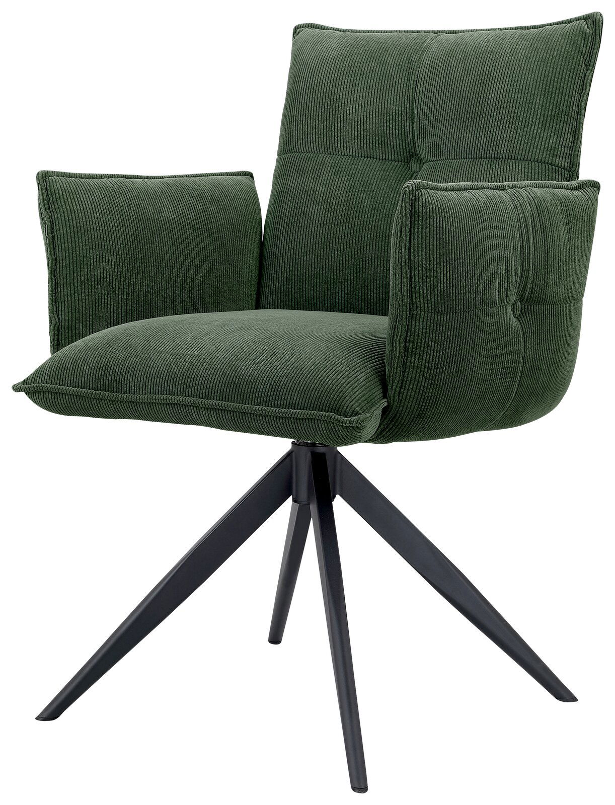 Grüner Armlehnstuhl mit gepolstertem Sitz und Rückenlehne, aus seitlicher Perspektive fotografiert, auf schwarzem Metallgestell.