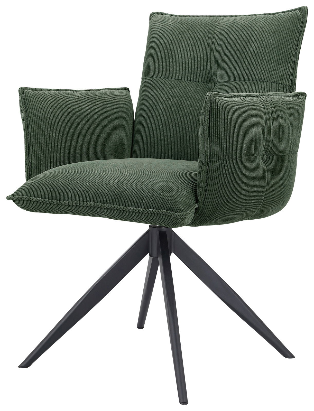 Grüner Armlehnstuhl mit gepolstertem Sitz und Rückenlehne, aus seitlicher Perspektive fotografiert, auf schwarzem Metallgestell.