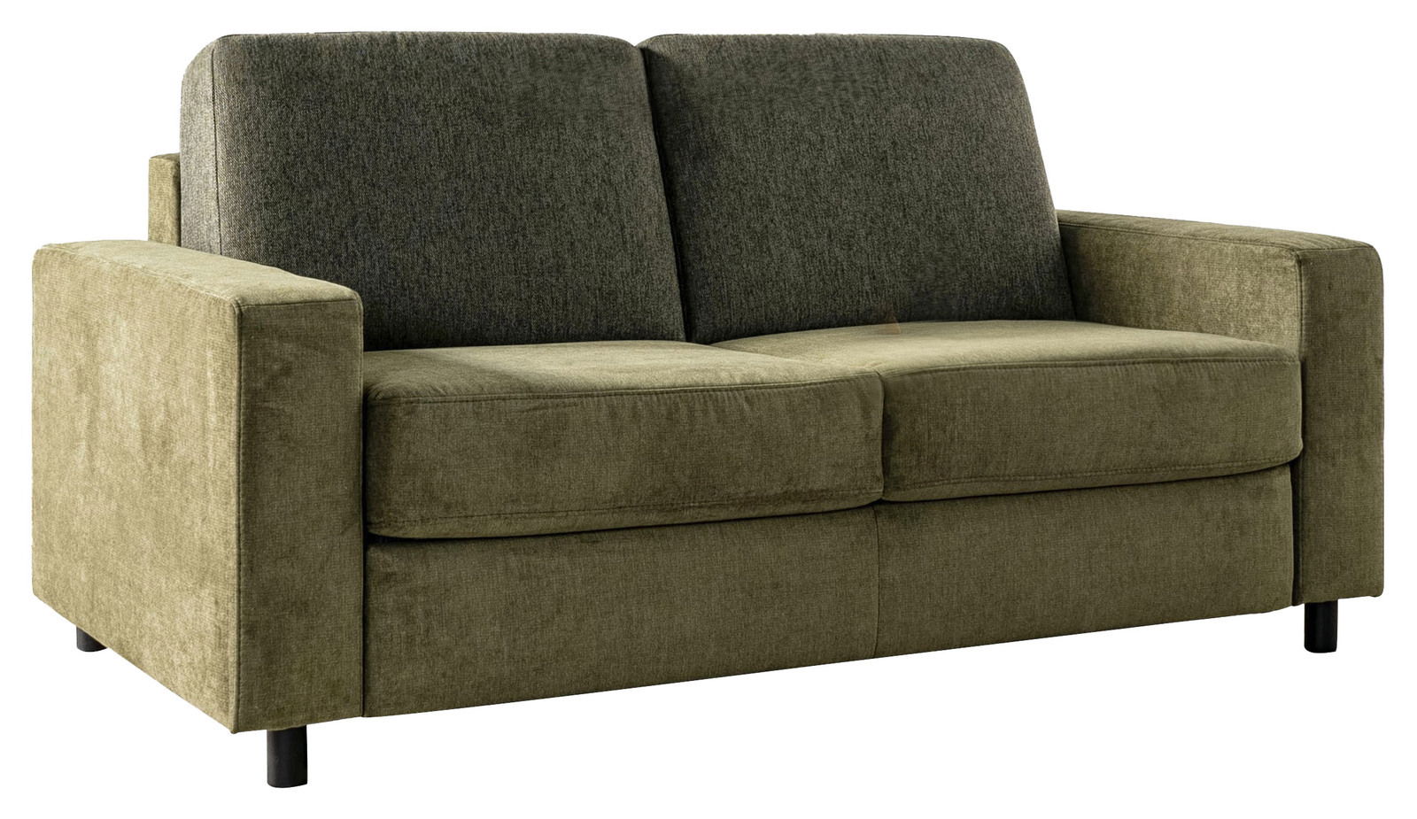 Grünes Funktionssofa mit zwei Sitzplätzen, seitliche Perspektive