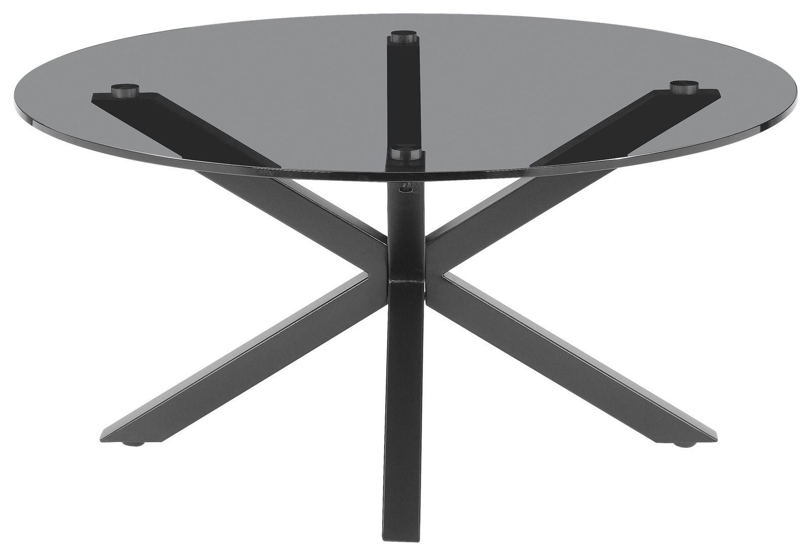 Runder Couchtisch mit schwarzer Glasplatte und kreuzförmigem Metallgestell, seitliche Perspektive