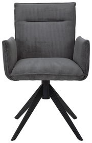 Grauer Armlehnstuhl mit geripptem Stoffbezug und schwarzem Metallgestell, Frontalansicht