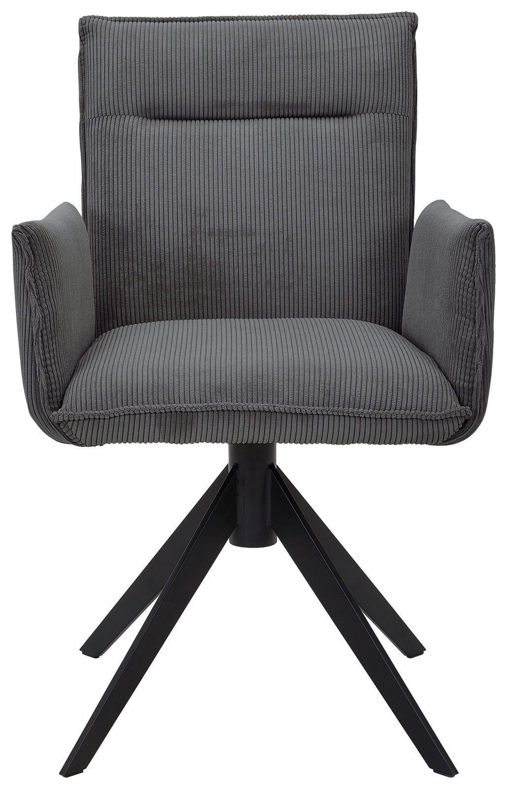 Grauer Armlehnstuhl mit geripptem Stoffbezug und schwarzem Metallgestell, Frontalansicht