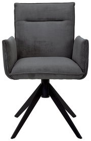 Grauer Armlehnstuhl mit geripptem Stoffbezug und schwarzem Metallgestell, Frontalansicht