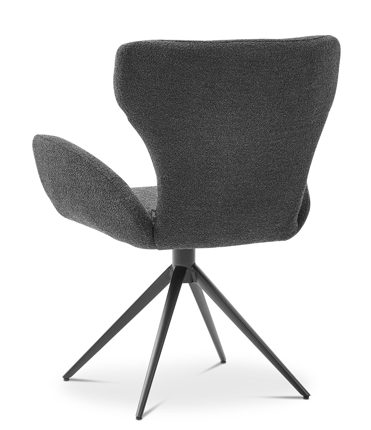 Rückansicht eines modernen Armlehnstuhls mit schwarzem Stoffbezug und Metallbeinen.