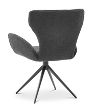 Rückansicht eines modernen Armlehnstuhls mit schwarzem Stoffbezug und Metallbeinen.