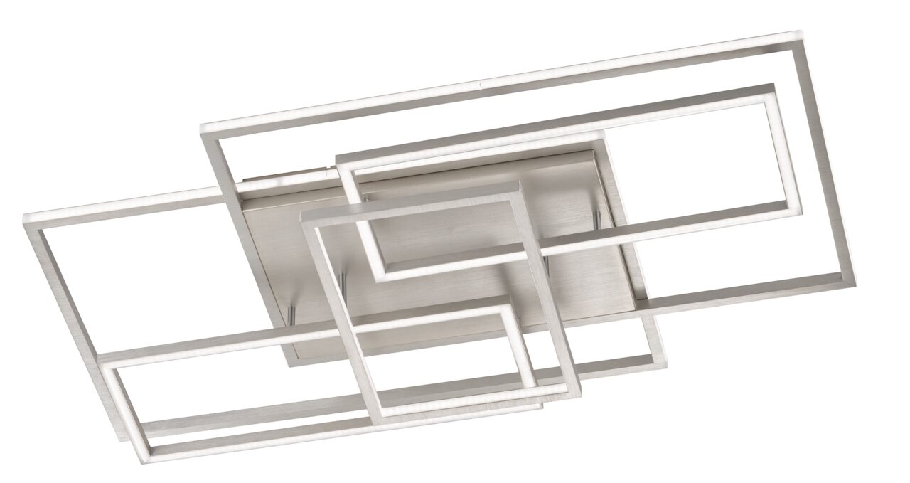 Moderne LED-Deckenleuchte mit geometrischem Design aus rechteckigen Metallrahmen, seitliche Perspektive