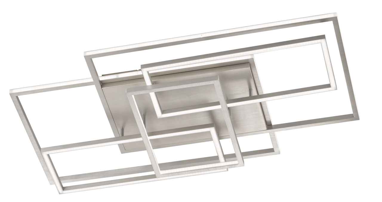 Moderne LED-Deckenleuchte mit geometrischem Design aus rechteckigen Metallrahmen, seitliche Perspektive