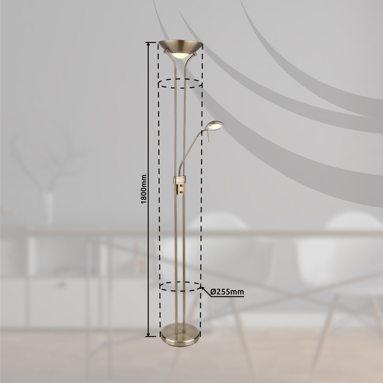 Goldener Deckenfluter mit Leselampe, Höhe 1800mm, Durchmesser 255mm, seitliche Perspektive