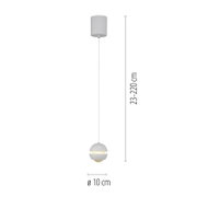 Weiße Pendelleuchte mit kugelförmigem Schirm und warmem Lichtaustritt, verstellbare Abhängung 23–220 cm, Durchmesser 10 cm, Frontansicht auf weißem Hintergrund