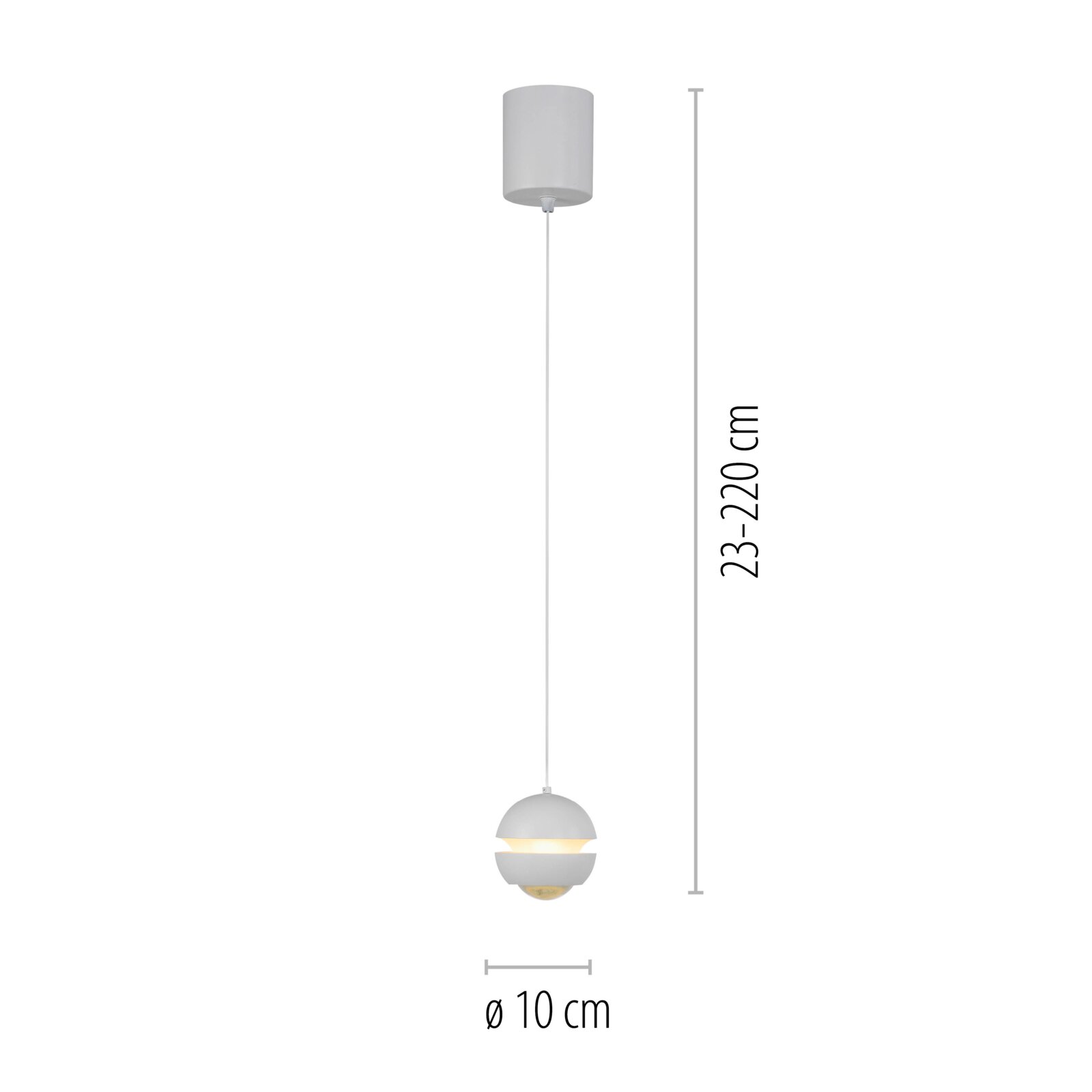 Weiße Pendelleuchte mit kugelförmigem Schirm und warmem Lichtaustritt, verstellbare Abhängung 23–220 cm, Durchmesser 10 cm, Frontansicht auf weißem Hintergrund