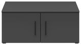Schwarzer Aufsatzschrank mit zwei Türen und schwarzen Griffen, frontale Ansicht
