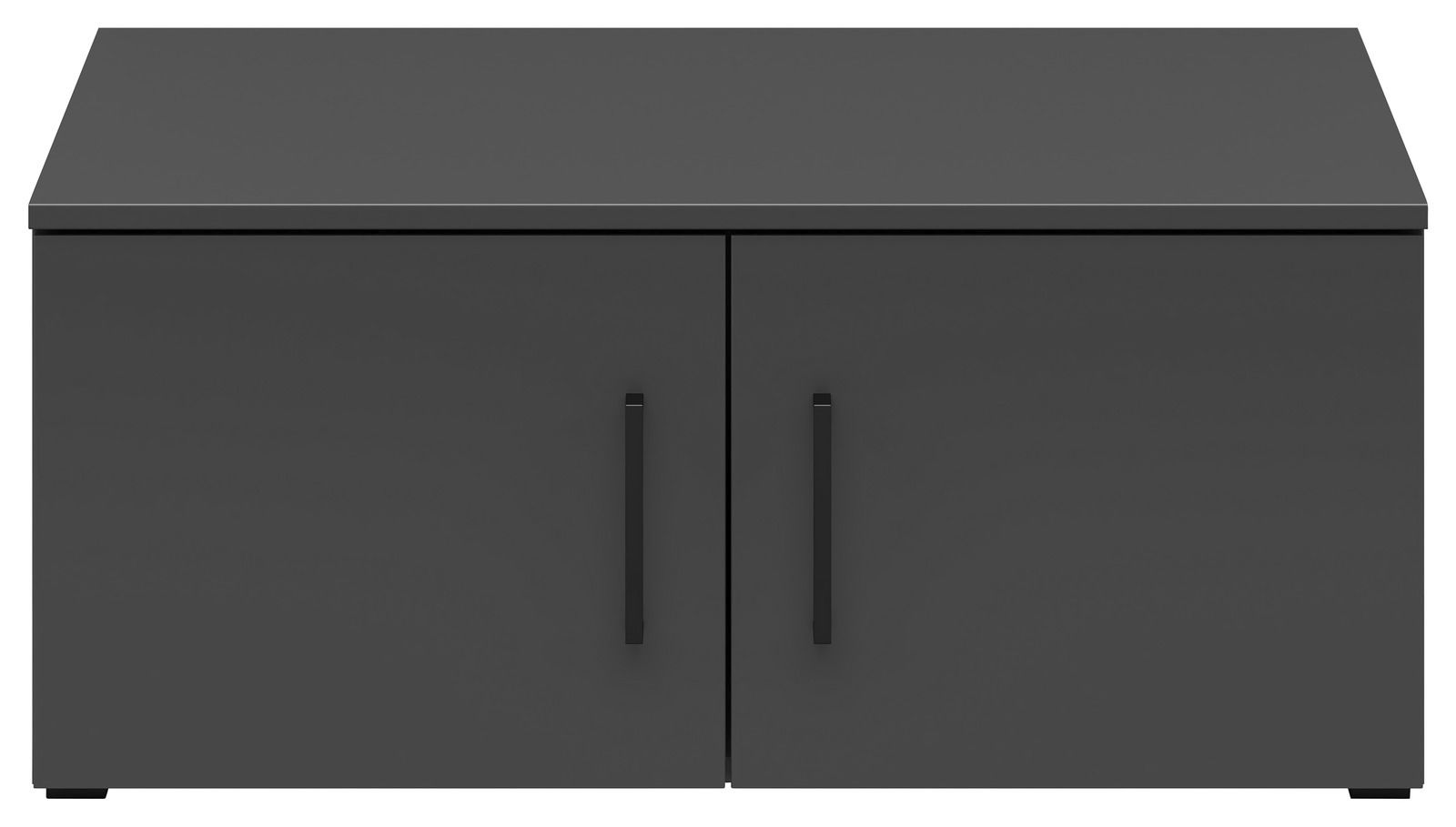 Schwarzer Aufsatzschrank mit zwei Türen und schwarzen Griffen, frontale Ansicht