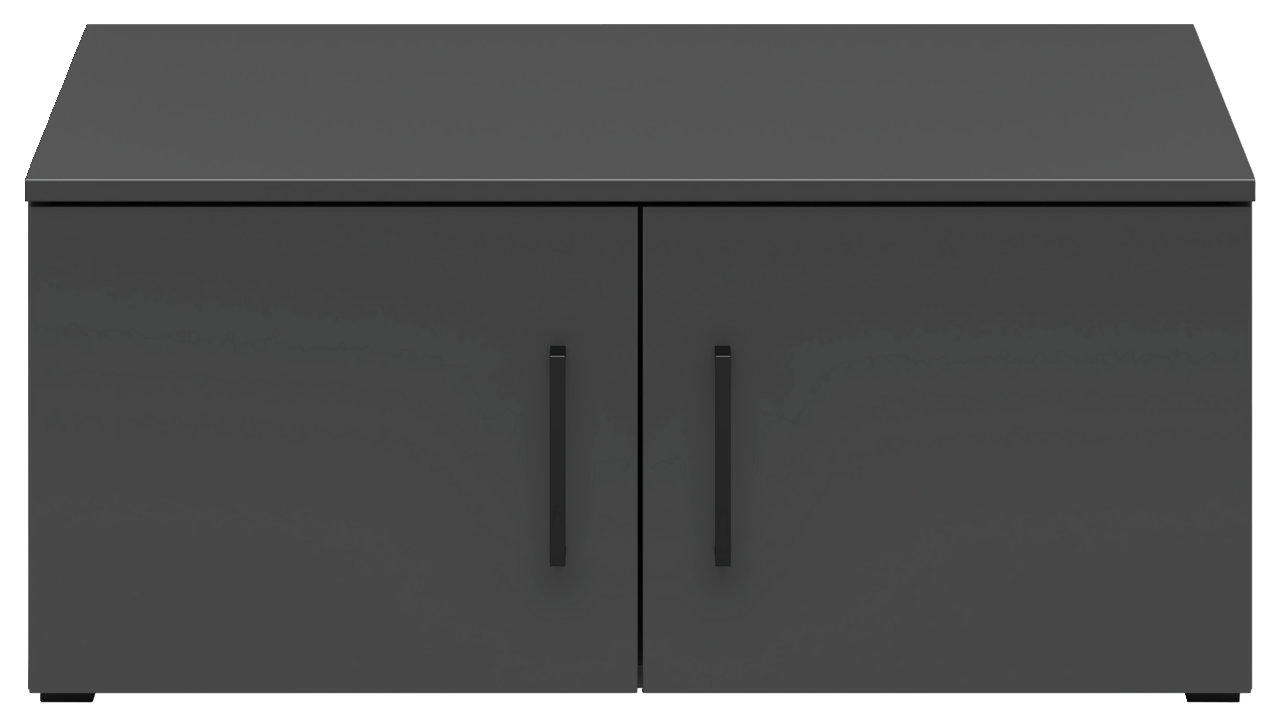 Schwarzer Aufsatzschrank mit zwei Türen und schwarzen Griffen, frontale Ansicht