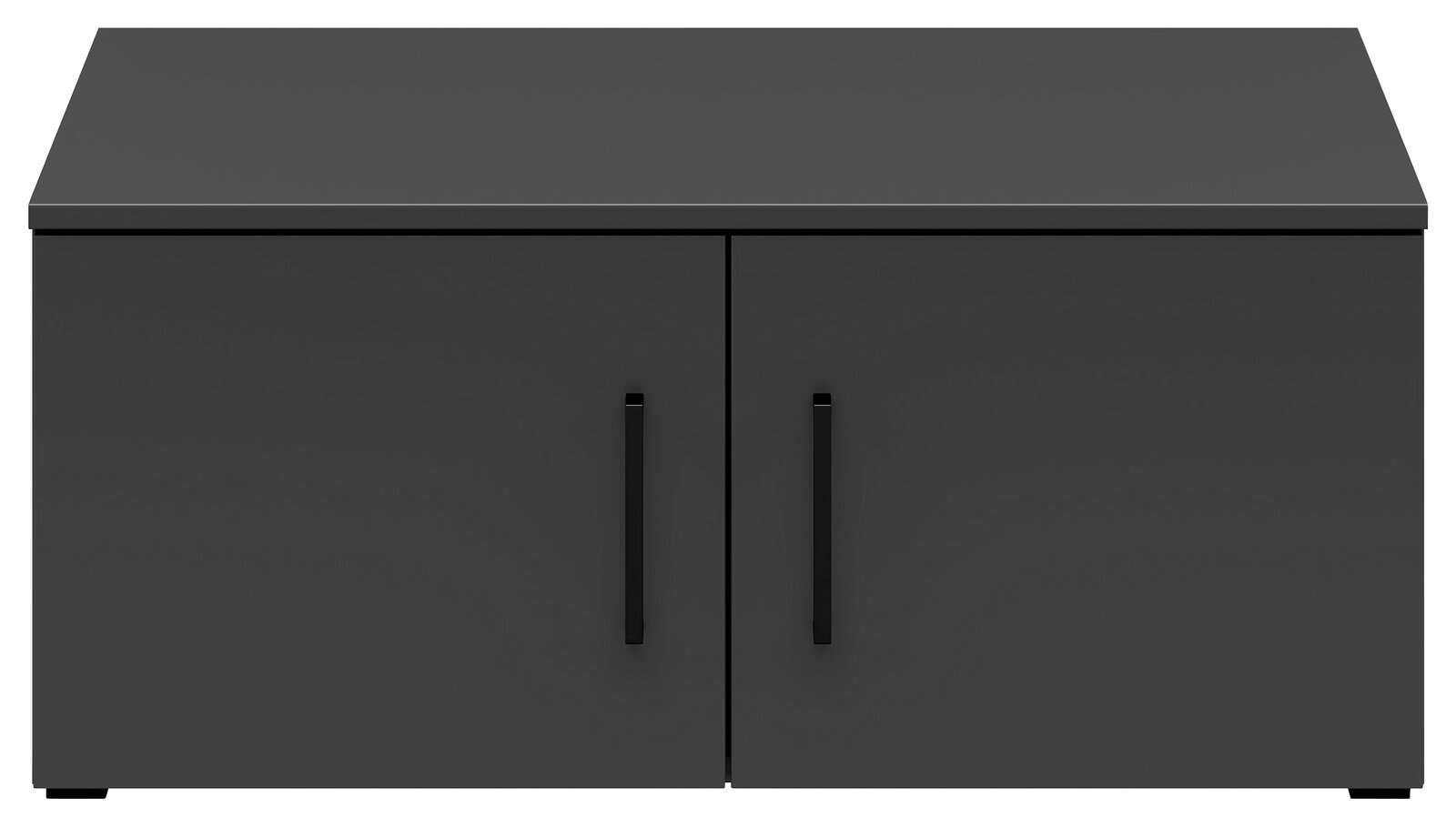Schwarzer Aufsatzschrank mit zwei Türen und schwarzen Griffen, frontale Ansicht