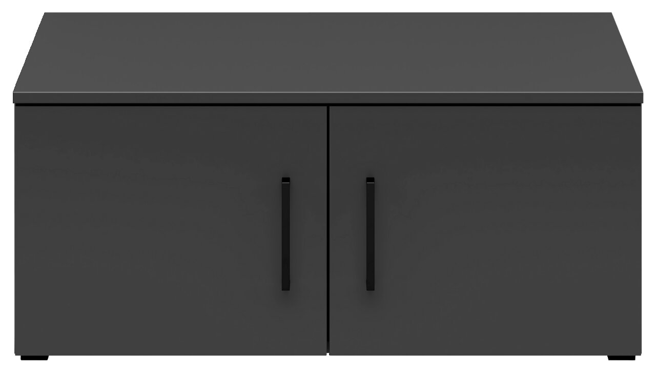 Schwarzer Aufsatzschrank mit zwei Türen und schwarzen Griffen, frontale Ansicht