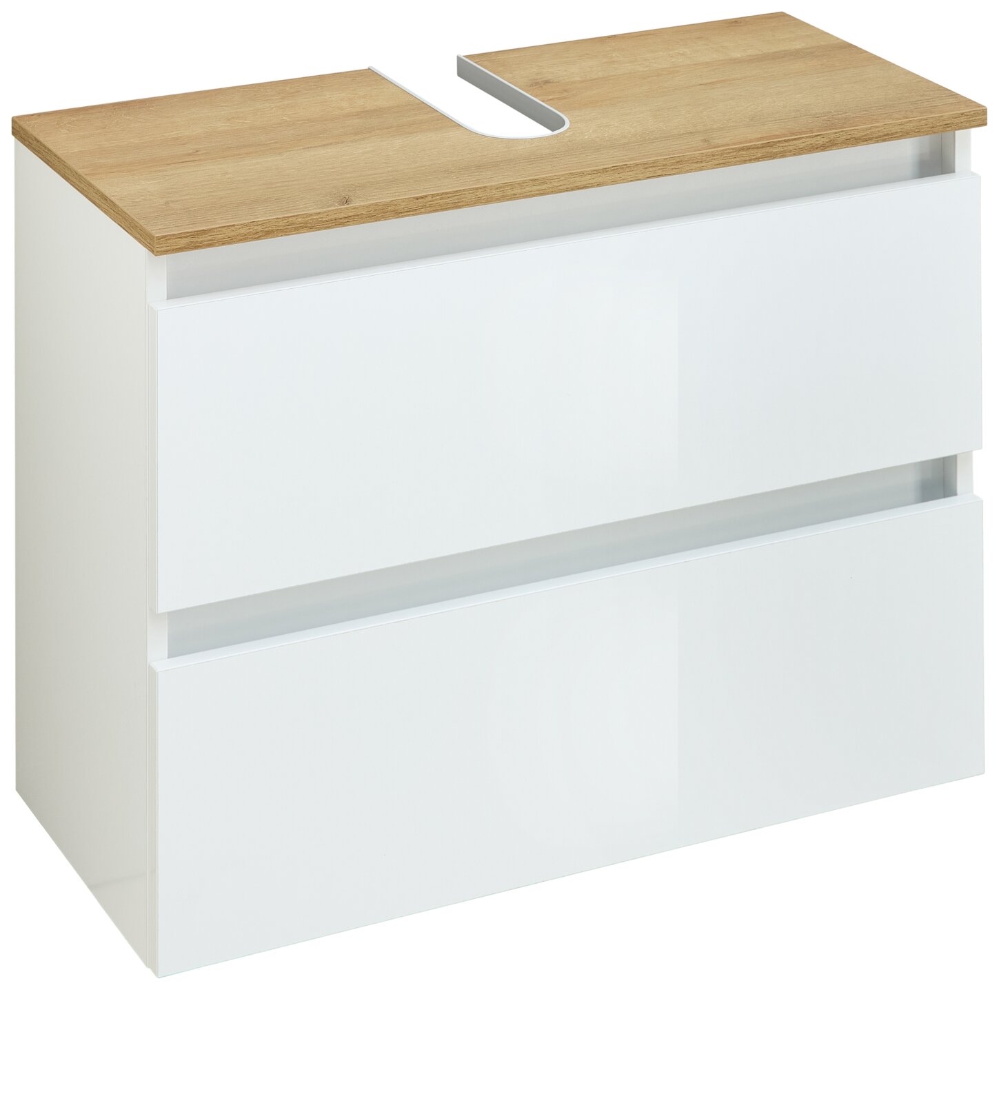 Witte wastafelonderkast met twee lades en een blad in houtlook met uitsparing, schuin van voren bovenaf gefotografeerd