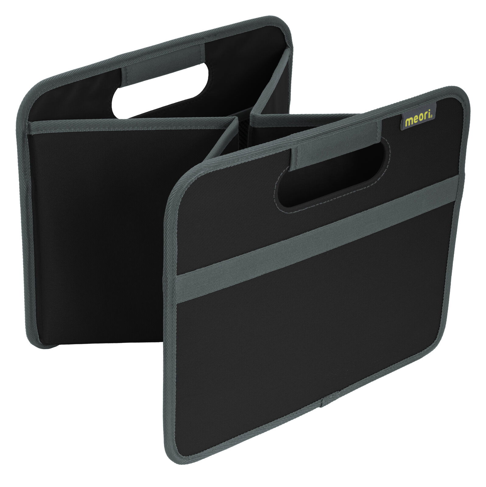 Schwarze Faltbox M mit grauen Kanten, seitliche Perspektive