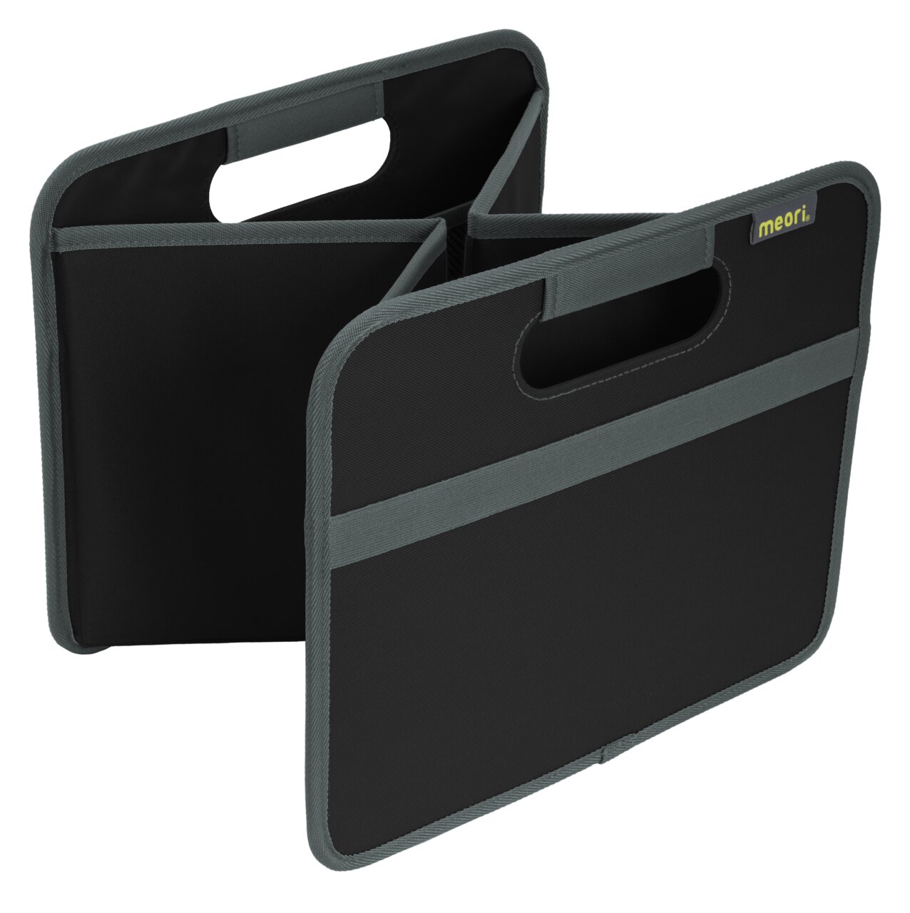Meori Faltbox M Schwarze Faltbox M mit grauen Kanten, seitliche Perspektive