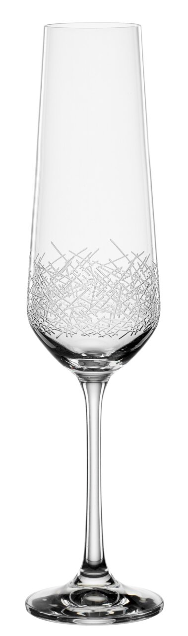 Elegante champagneglas met een fijn patroon, afgebeeld van voren.