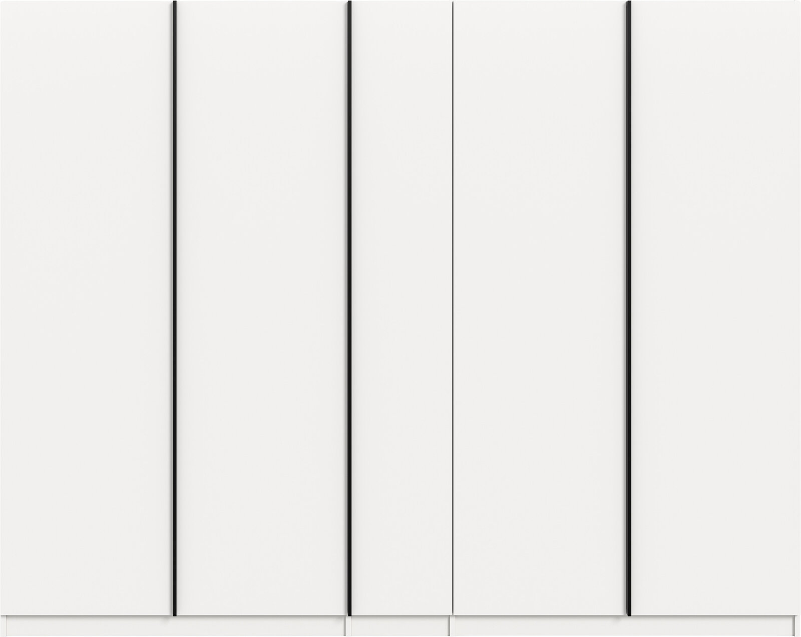 Weiße, minimalistische Schrankfronten mit schmalen schwarzen Griffleisten, frontale Ansicht