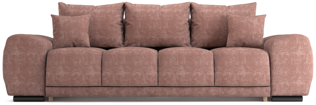 Bequemes Funktionssofa in brauner Farbe, Frontalansicht mit mehreren Kissen.