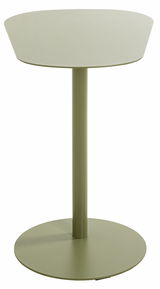 Moderner, runder Beistelltisch in Olivgrün mit zentralem Standfuß, seitliche Perspektive