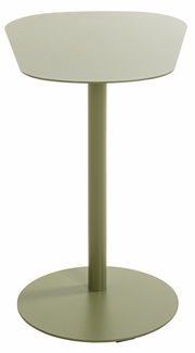 Moderner, runder Beistelltisch in Olivgrün mit zentralem Standfuß, seitliche Perspektive