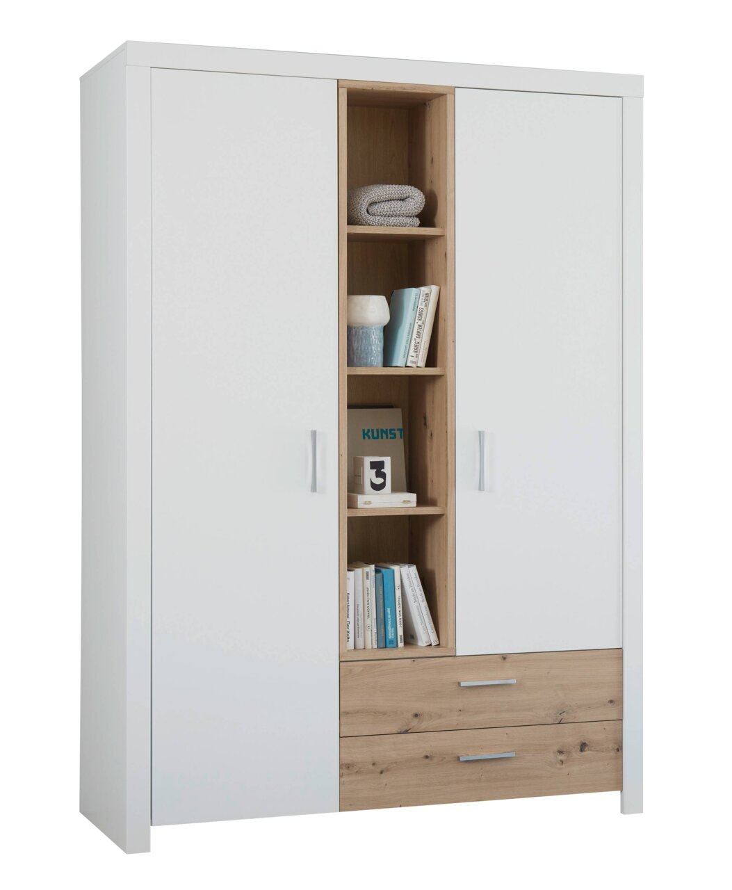 Moderne kledingkast met witte deuren en open planken in houtlook, afgebeeld in vooraanzicht.