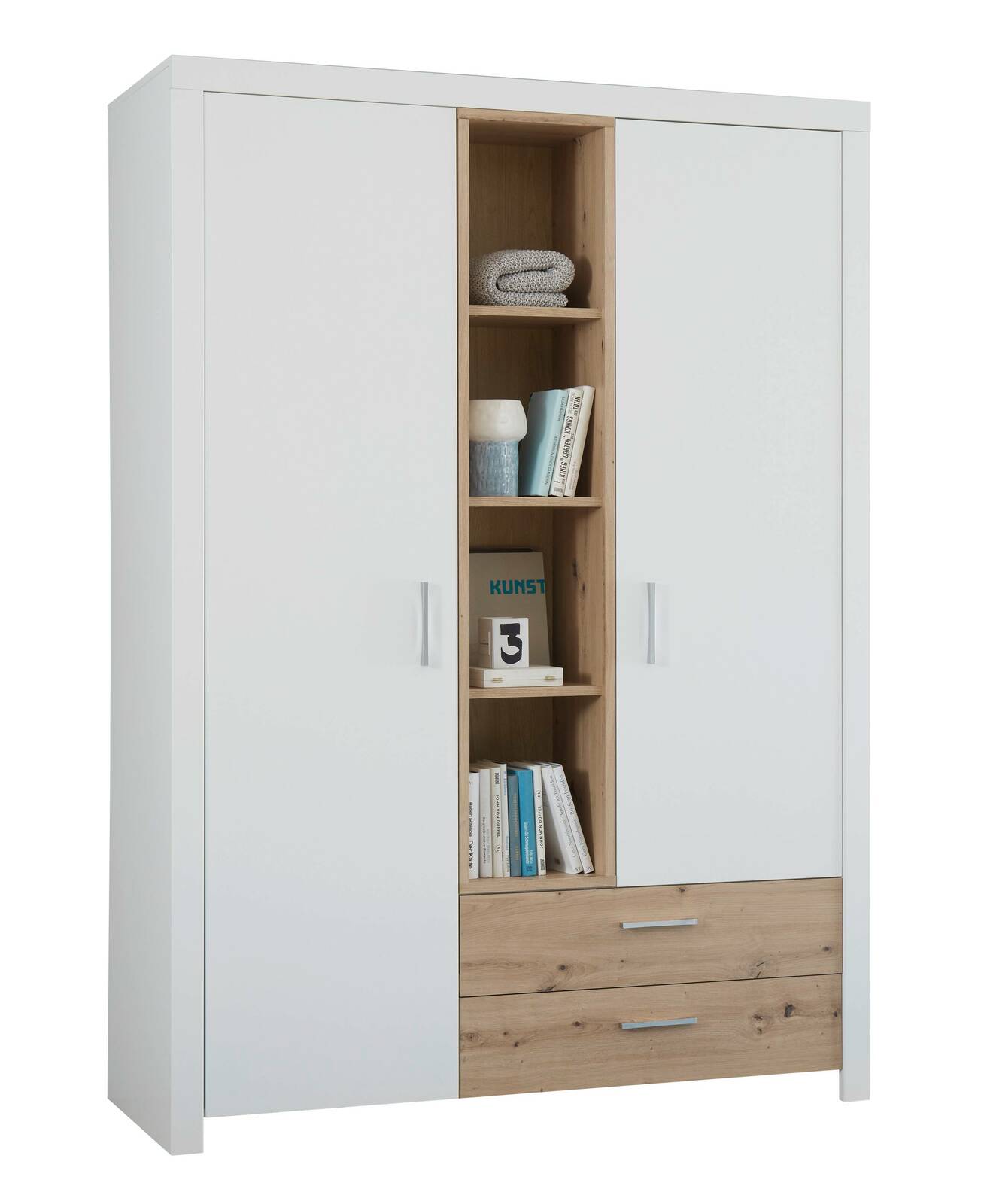 Moderner Kleiderschrank mit weißen Türen und offenen Regalfächern in Holzoptik, frontal abgebildet.