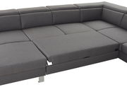 Graues Ecksofa in U-Form mit verstellbaren Rückenlehnen, Perspektive von oben.