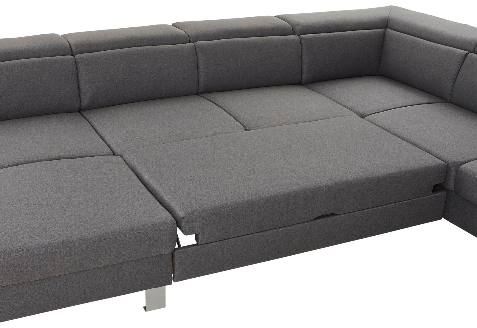 Graues Ecksofa in U-Form mit verstellbaren Rückenlehnen, Perspektive von oben.